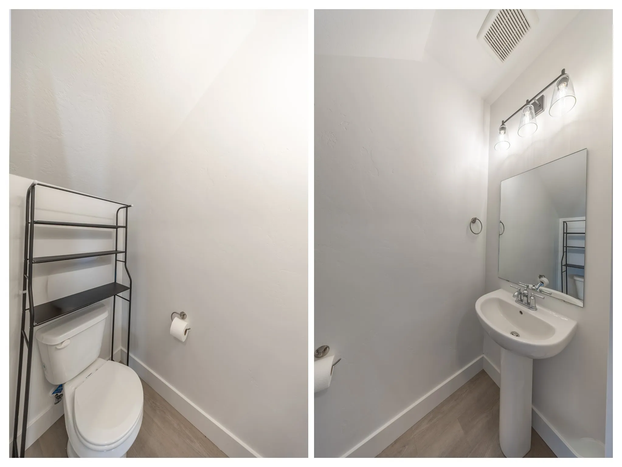 Half bath on the main level has a Pedestal sink with chrome faucet, framed mirror, and three-light vanity fixture