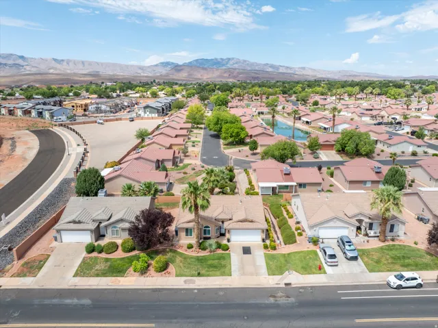 Aerial perspective showcasing a residential community with mature landscaping