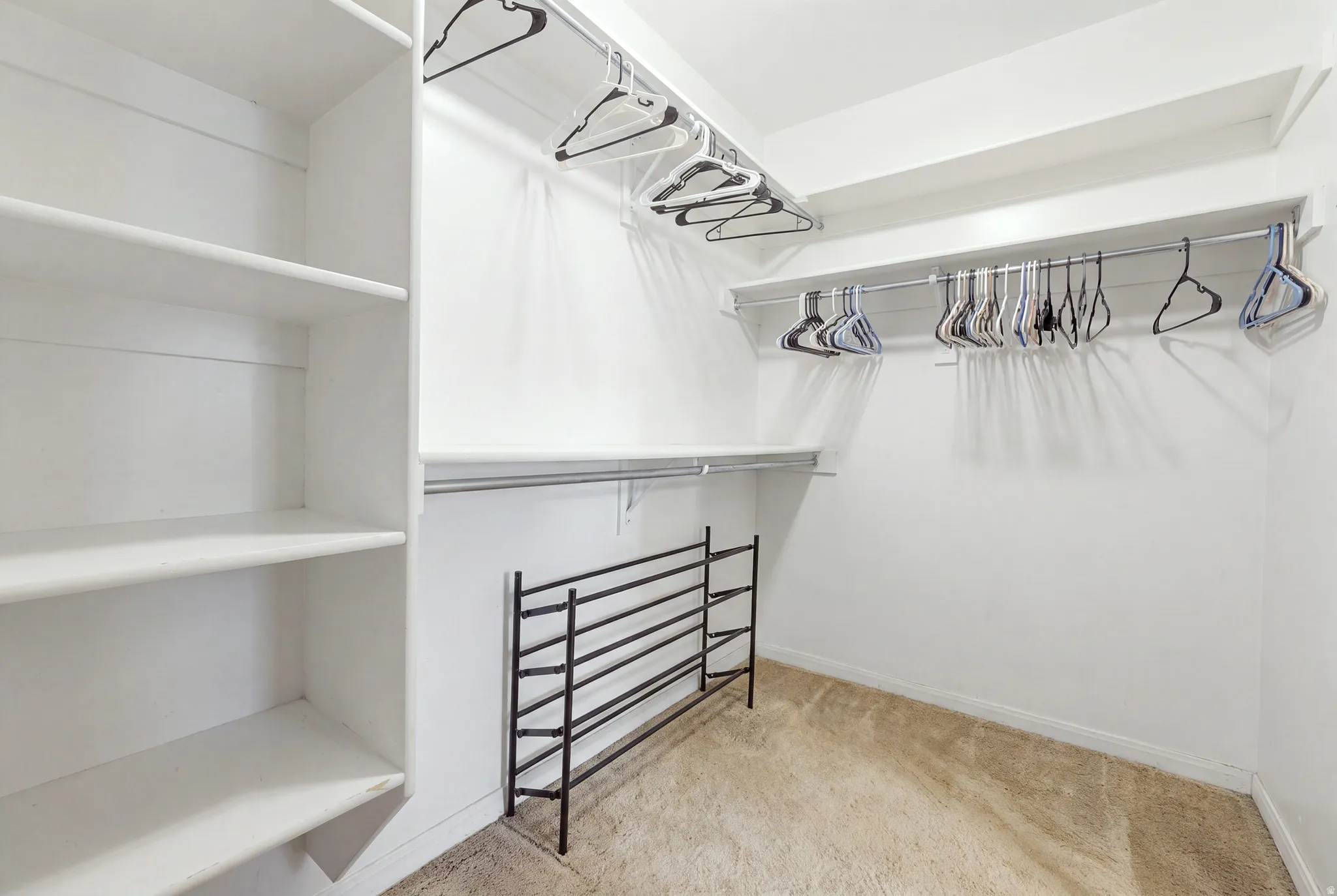 Walk-in closet featuring built-in shelving, multiple hanging rods, and neutral-toned carpeting