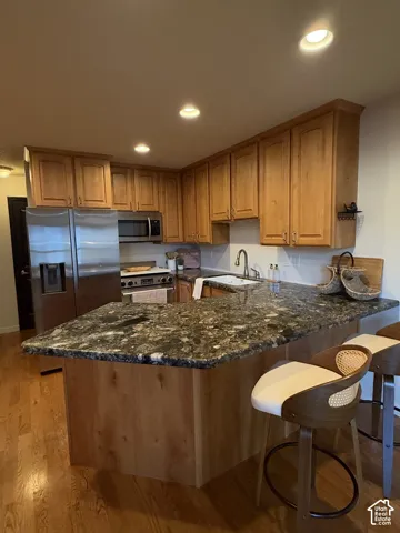 Kitchen featuring wood cabinetry, stone countertops, stainless steel appliances, and wood-finish flooring with recessed lighting