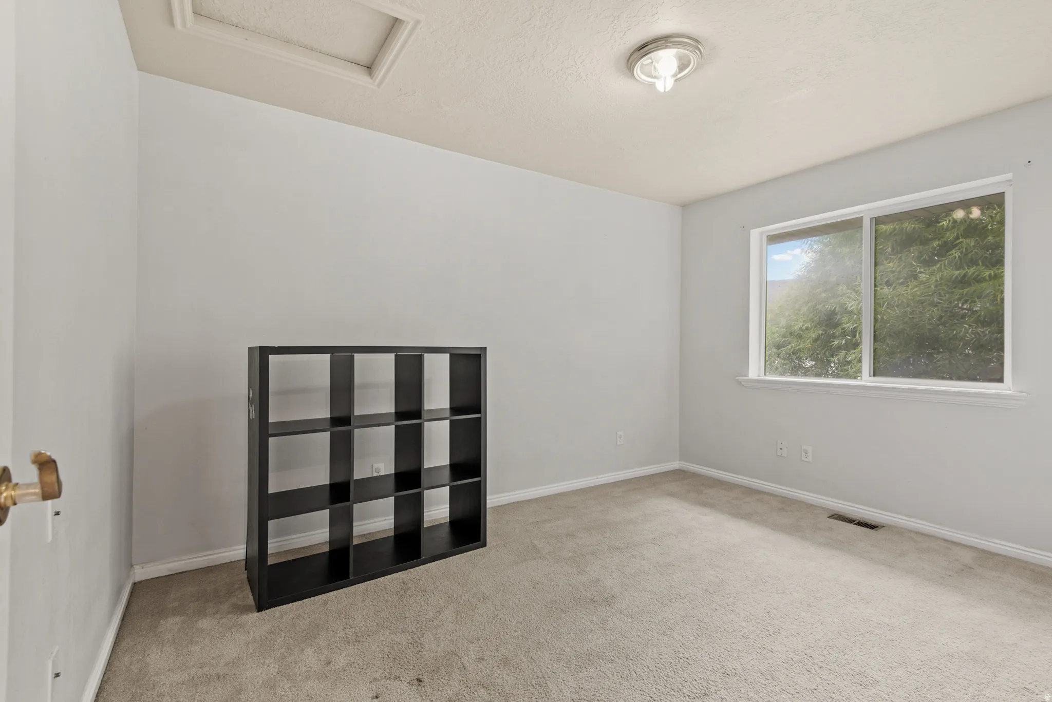 Carpeted room featuring a white-framed window, recessed ceiling access, and a flush-mount ceiling light fixture