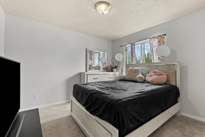 Carpeted bedroom with a built-in window and a ceiling-mounted light fixture