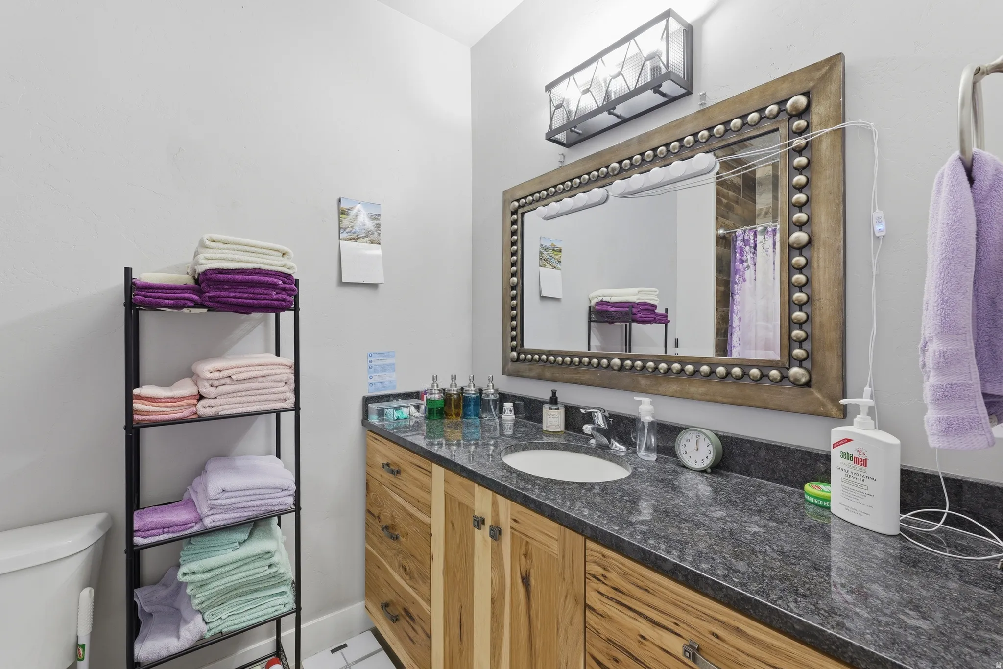 Main Bathroom vanity featuring a dark stone countertop, an undermount sink, and wood-finish cabinetry
