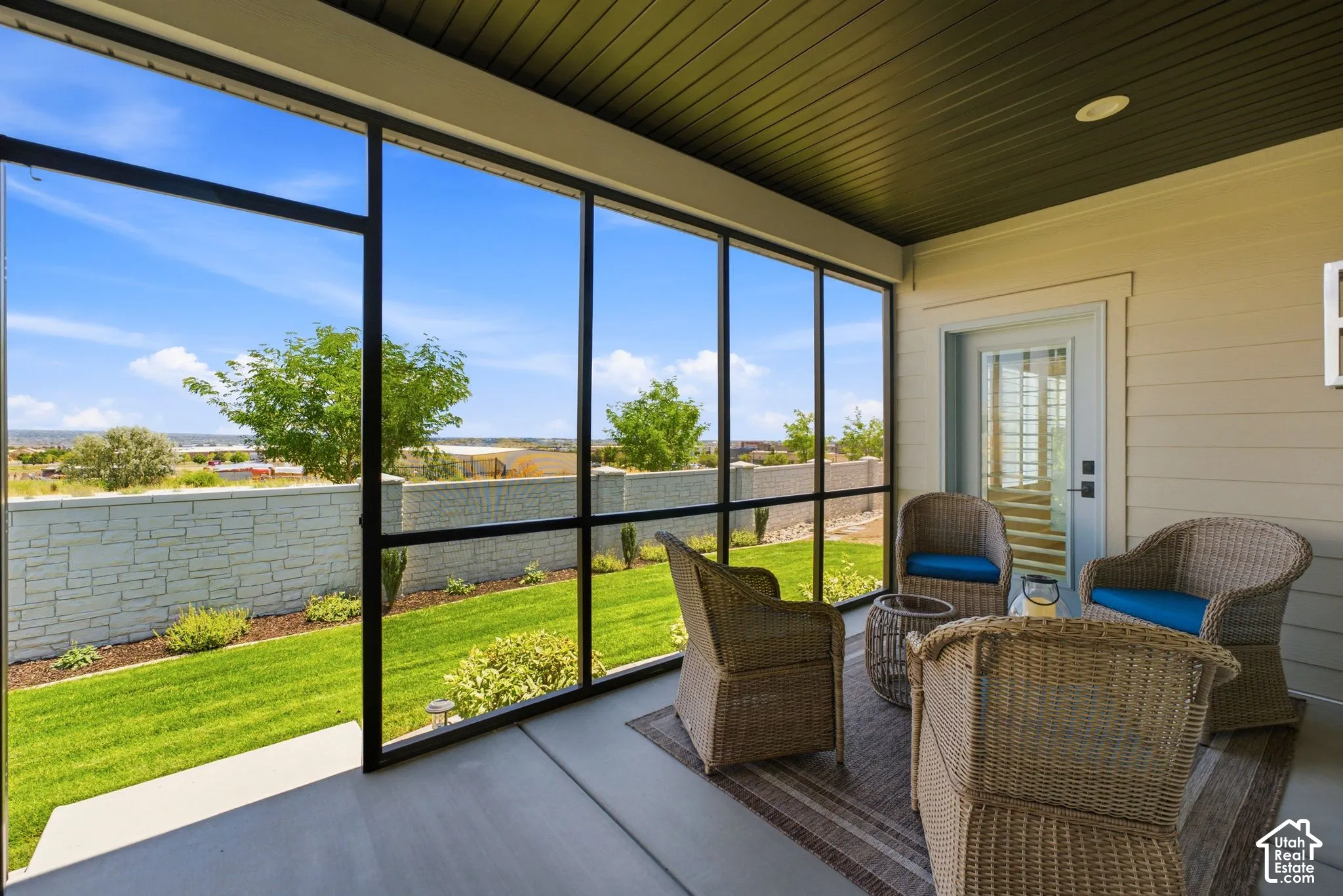 Custom built screened-in patio with mountain, valley and lake views