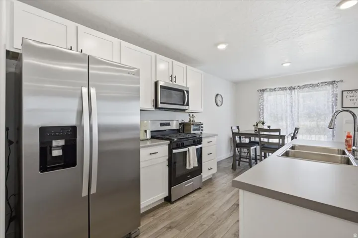 Contemporary kitchen featuring stainless steel appliances, white cabinetry, a double basin sink, light wood-finish flooring, and recessed lighting