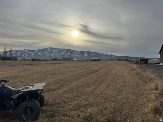 Expansive field with dry grass and distant snow-capped mountains