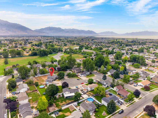Aerial perspective showcasing a residential area with mature trees and established properties