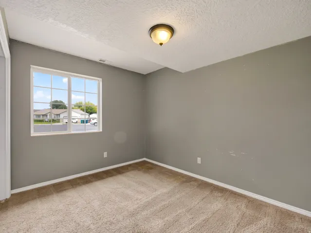 Carpeted room featuring a double-hung window with a grid pattern, gray wall paint, white baseboards, and a semi-flush mount ceiling light