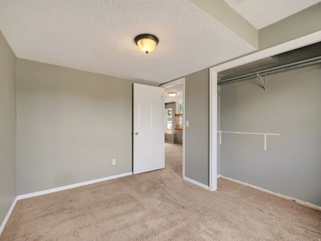 Carpeted room featuring neutral wall paint, a built-in closet with shelving and hanging rod, a ceiling-mounted light fixture, and white baseboards