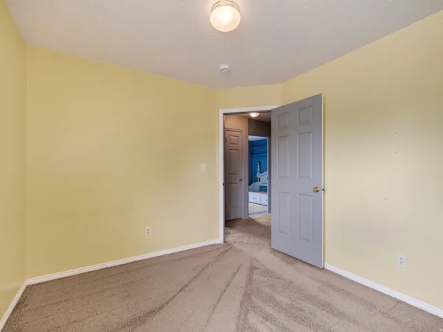 Neutral-toned carpeting paired with light yellow wall paint and white baseboards