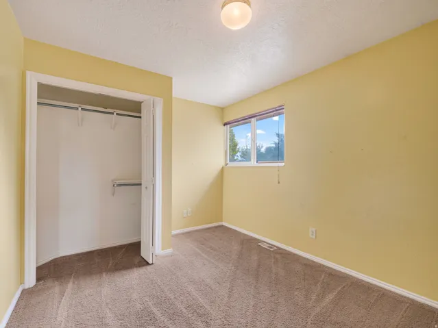 Carpeted interior room featuring a window with exterior views, a flush-mount ceiling light, and a bi-fold closet with shelving
