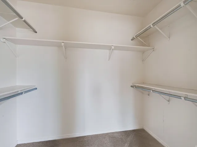 Spacious walk-in closet featuring white built-in shelving and multiple garment rods
