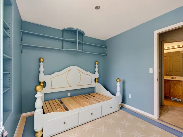 Room featuring built-in shelving, painted walls, and a patterned floor