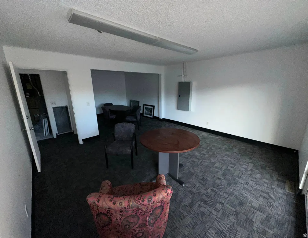 Spacious interior featuring patterned carpet flooring, white painted walls, and a dropped ceiling with fluorescent lighting