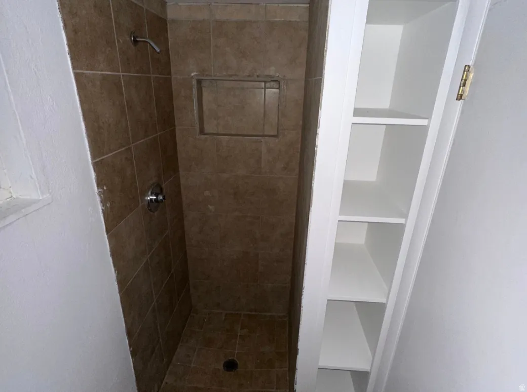 Tiled shower enclosure featuring a recessed niche and a built-in shelving unit
