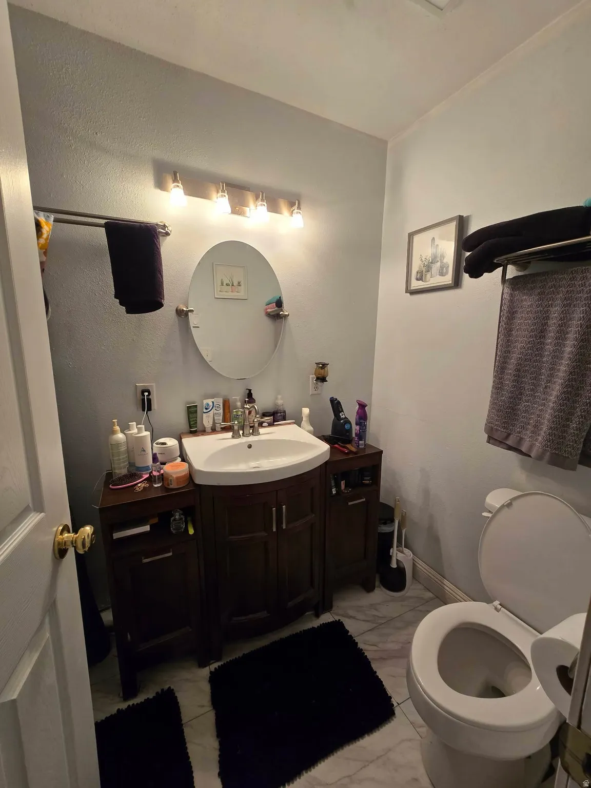 Bathroom featuring a dark wood-finish vanity with an integrated white sink