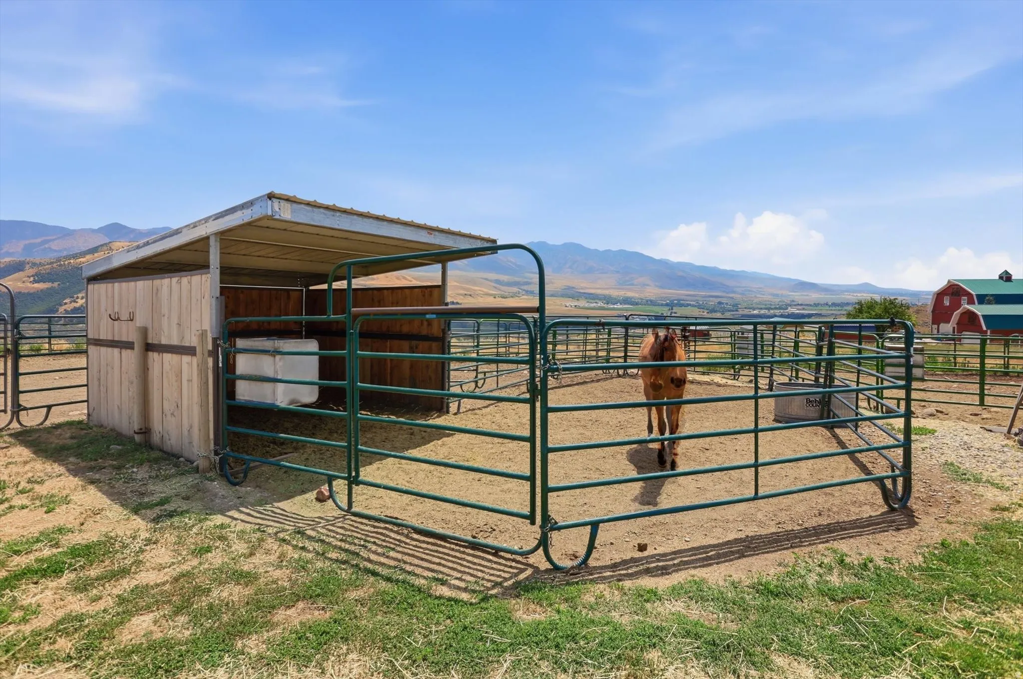 Paddock with a wood-sided lean-to shelter, metal fencing, and a red barn structure in the background