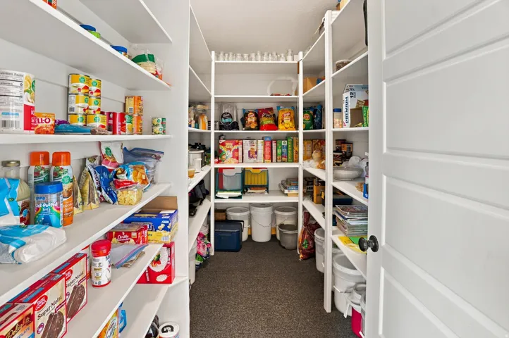 Walk-in pantry featuring extensive white shelving, a paneled door, black doorknob, and grey carpet flooring