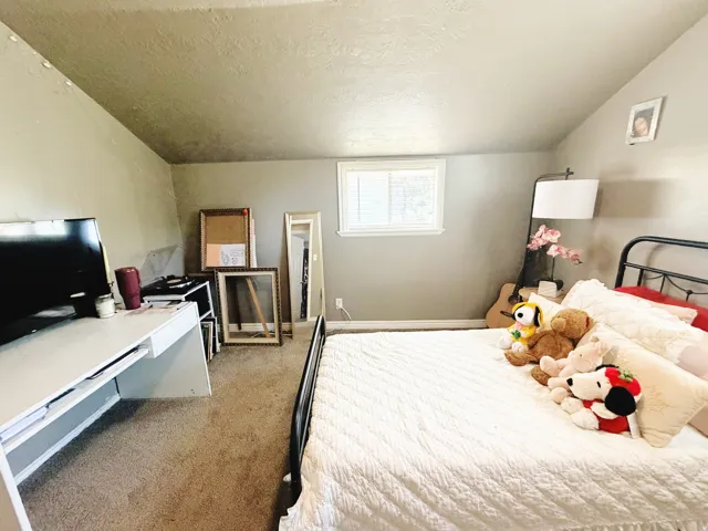 Carpeted room featuring a single window and textured ceiling