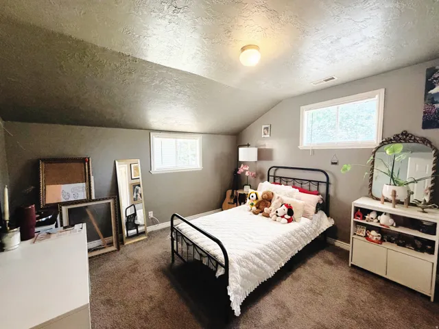 Carpeted room featuring sloped ceilings, two horizontal sliding windows with white trim, and a flush mount ceiling light