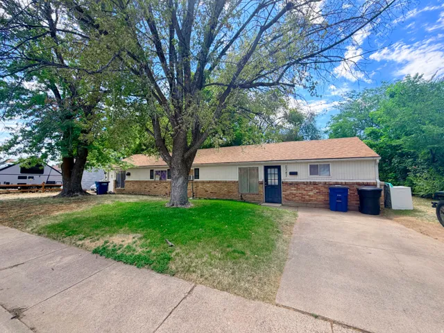 Ranch-style exterior with a brown shingle roof and a concrete driveway