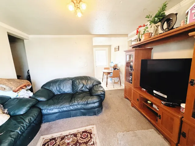 Carpeted living area with light-toned walls and crown molding