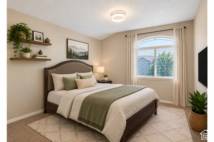 Spacious bedroom featuring neutral wall tones, plush carpet, an arched window with blinds, and a contemporary flush-mount ceiling light