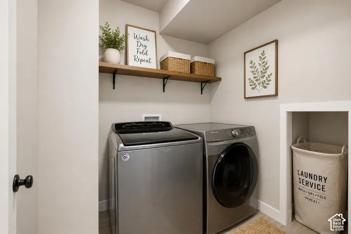 Digitally Staged and finished laundry room.  Easy sweat equity.