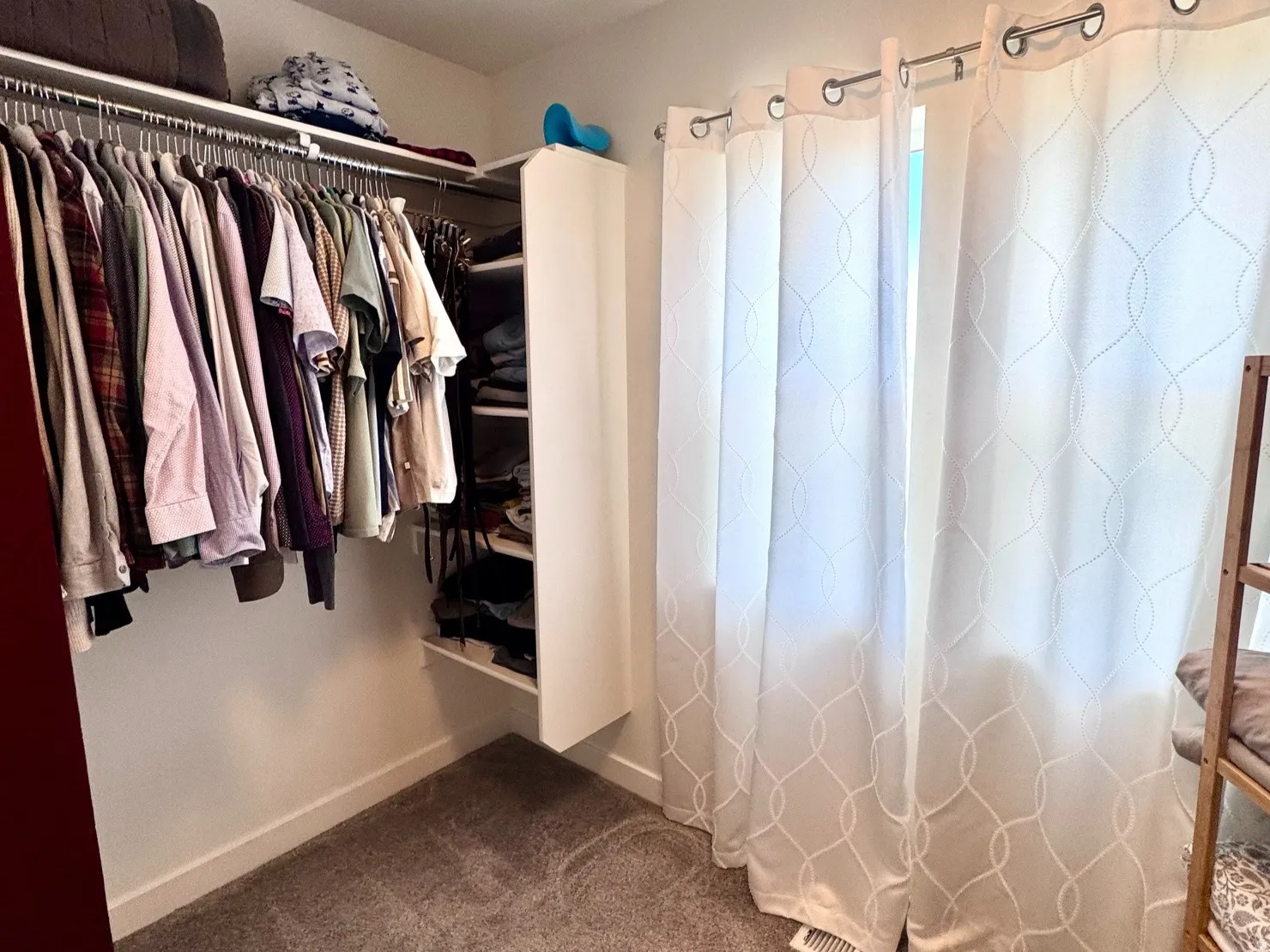 Walk-in closet featuring carpet flooring, built-in shelving, hanging rods, and a window with curtains
