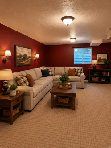 Virtually staged basement family room