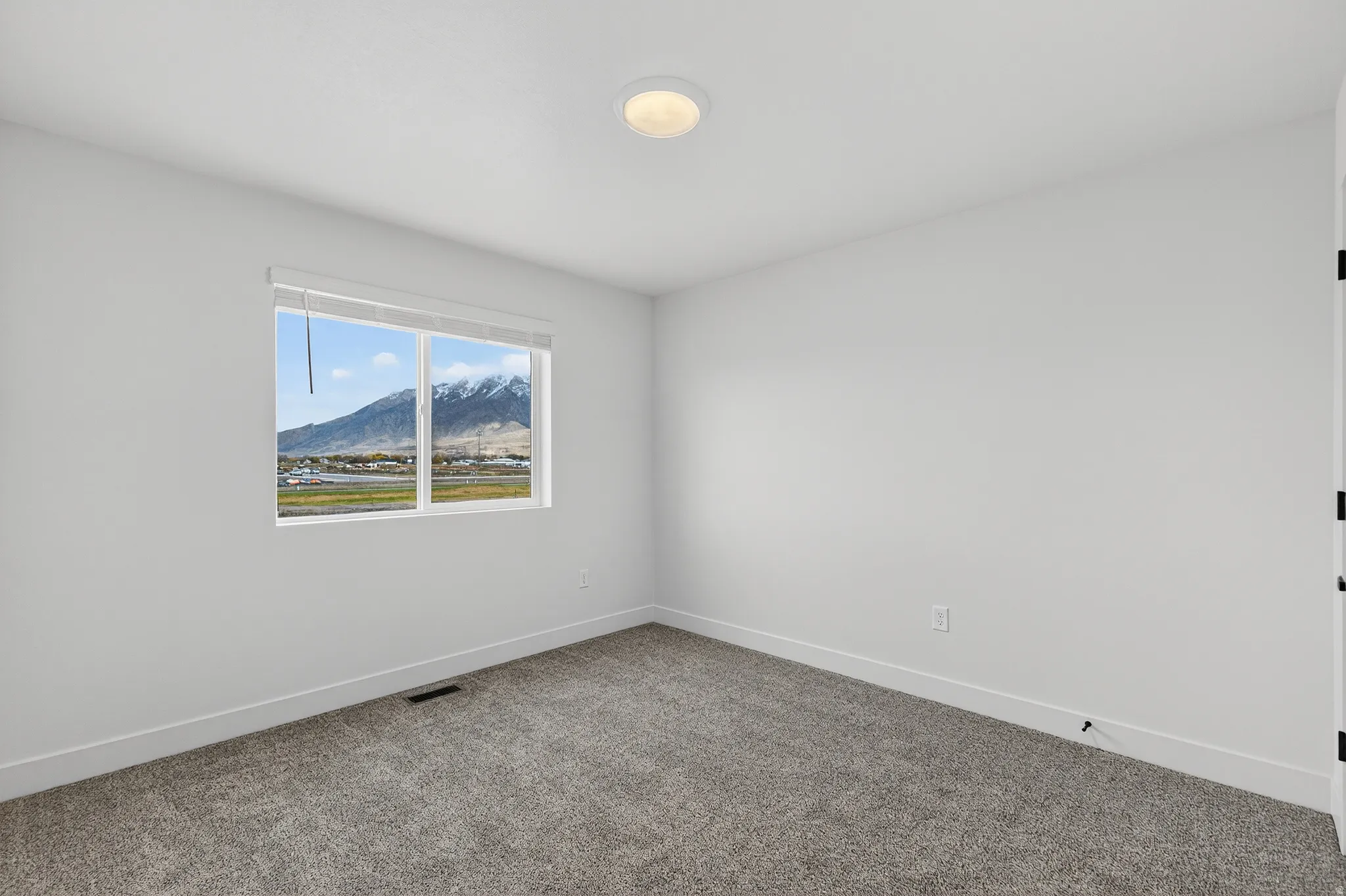 Carpeted room with white walls, a single window, and a flush-mount ceiling light fixture