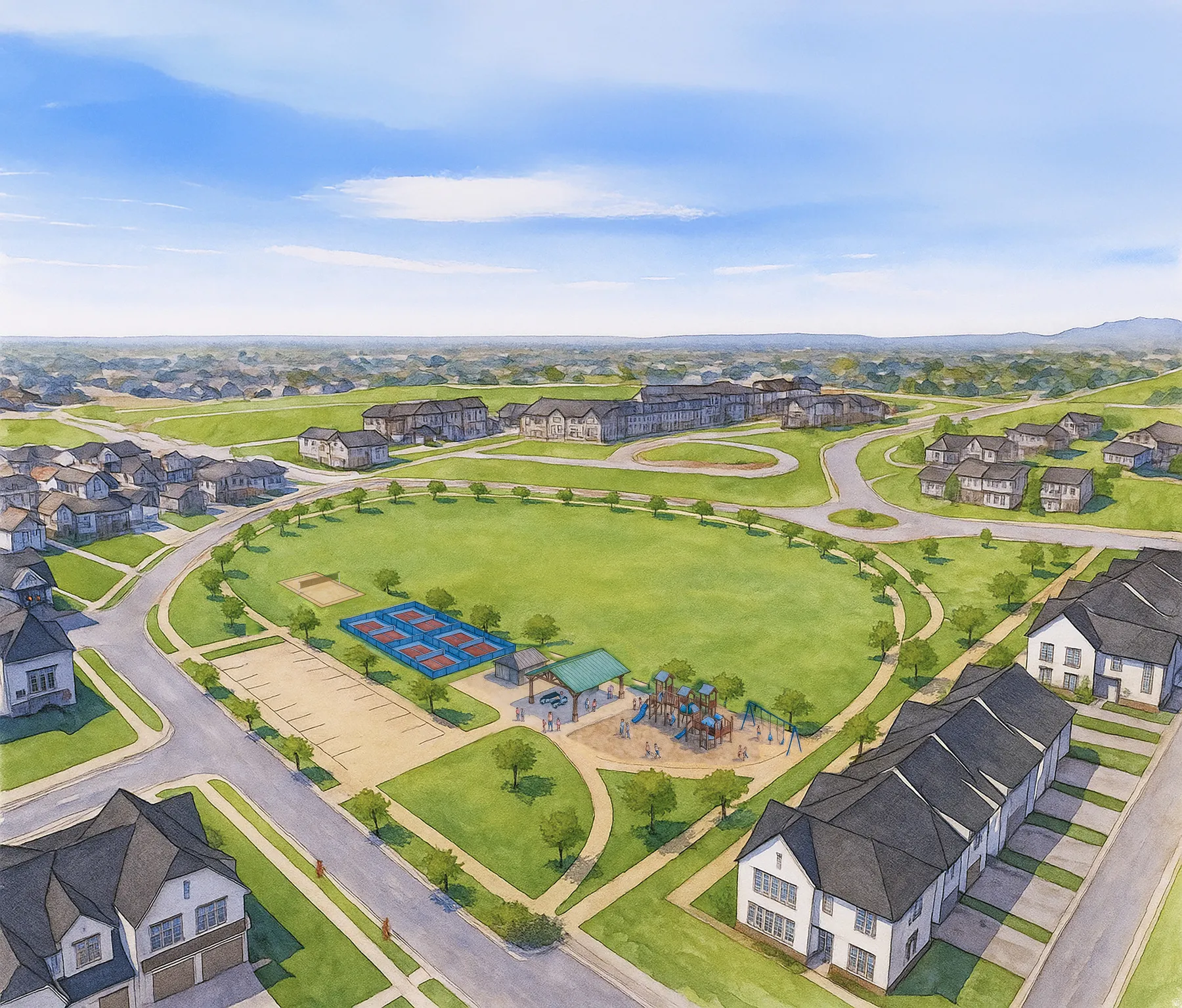 Expansive green space featuring a circular walking path, multi-sport courts, a shaded playground area, and a covered picnic structure, all surrounded by residential properties