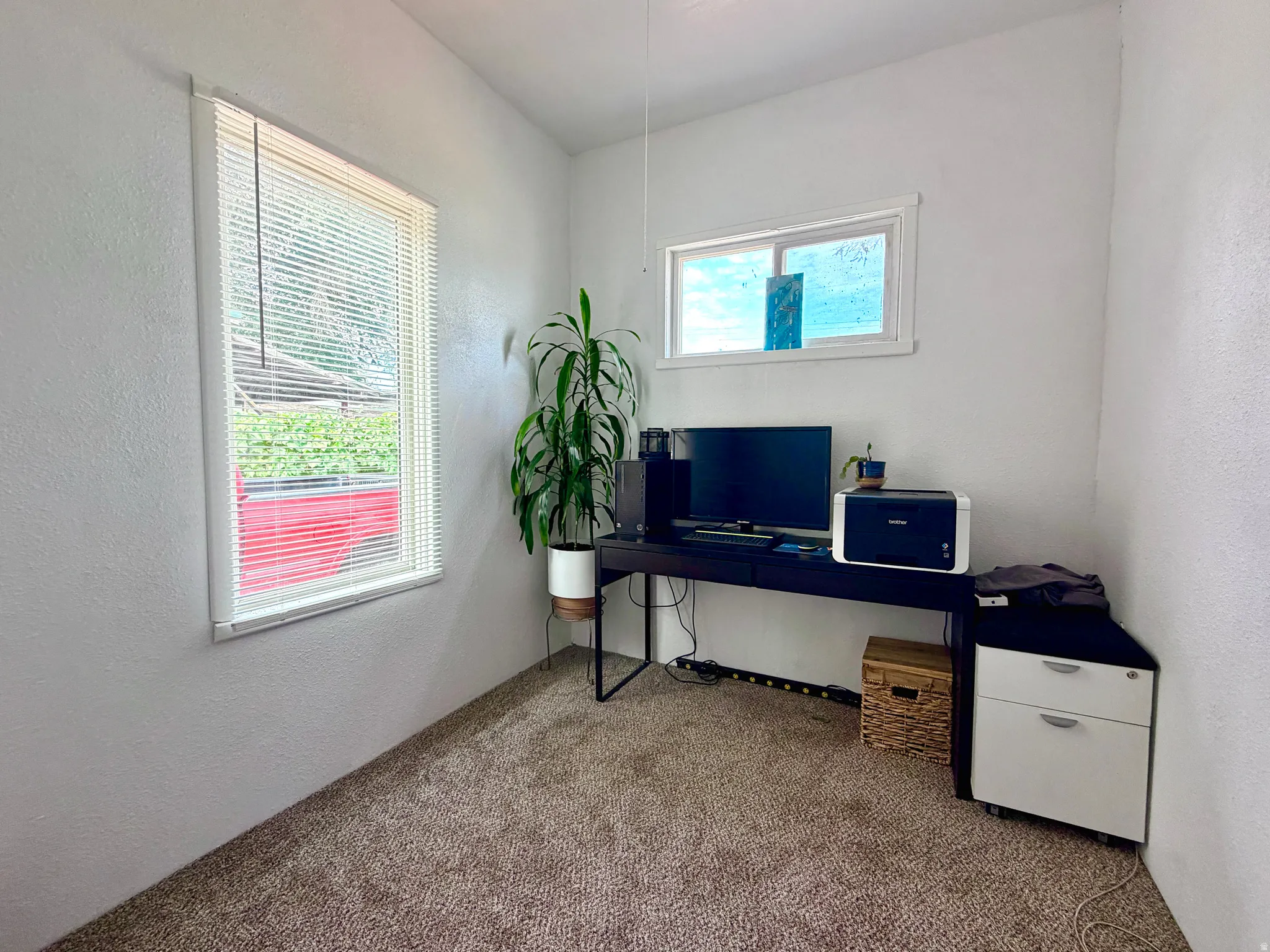 Carpeted room featuring two windows with horizontal blinds and white trim
