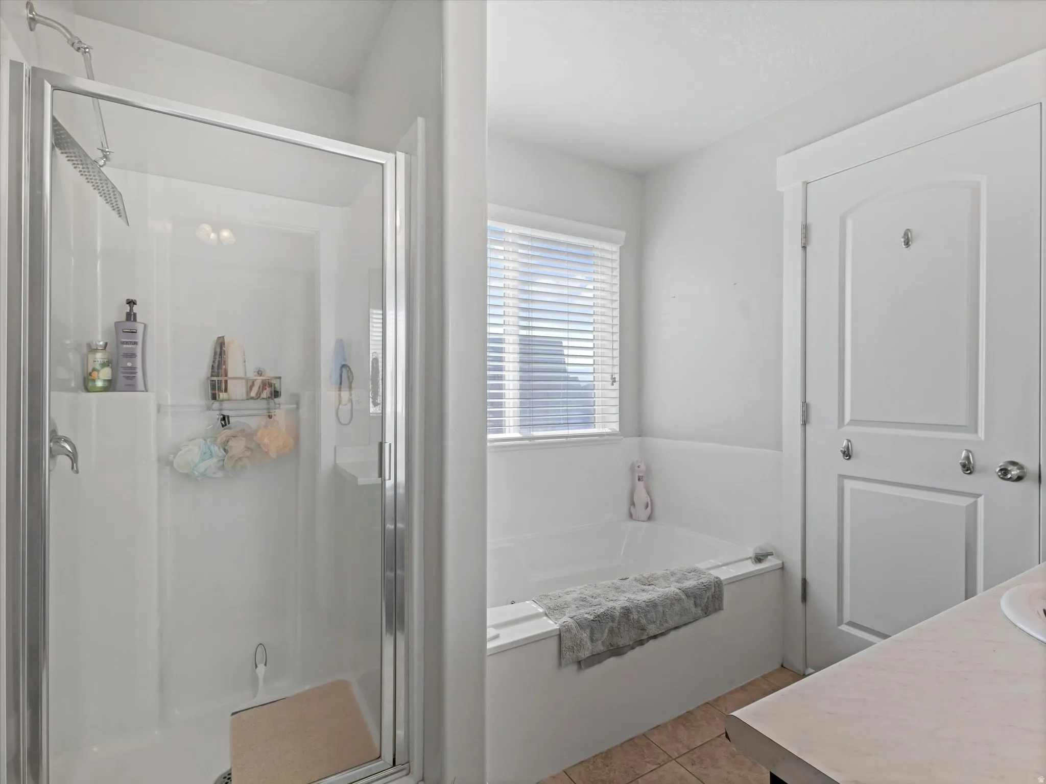 Primary Bath Bathroom featuring a glass-enclosed shower, built-in bathtub, window with blinds, and paneled interior door with hardware