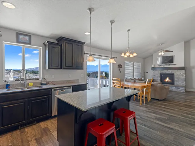 Open-concept living space with wood-finish flooring