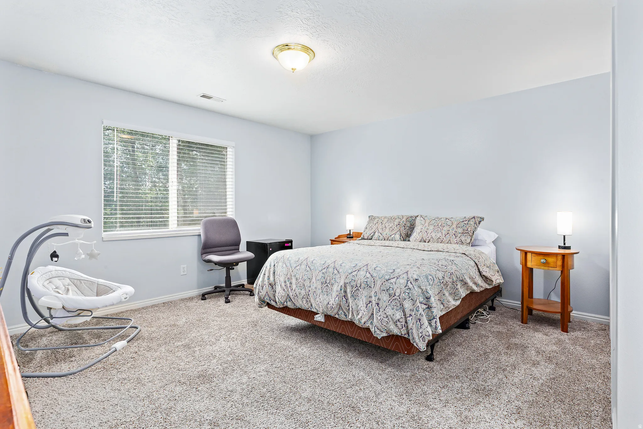 Carpeted bedroom featuring a large window with blinds, light blue painted walls, and a ceiling-mounted light fixture