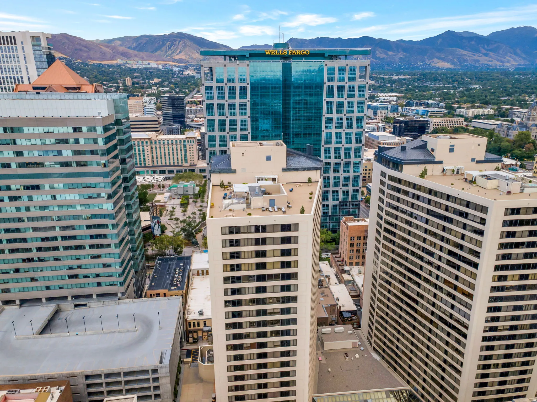 Aerial perspective showcasing high-rise urban architecture