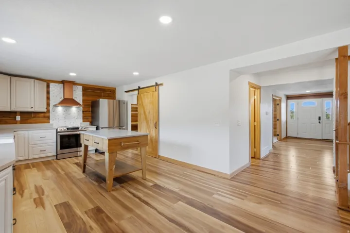Kitchen featuring light cabinetry, stainless steel appliances, a copper-toned range hood, and wood-finish flooring