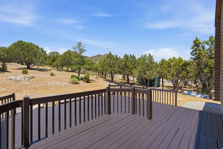 Expansive outdoor deck with dark wood-finish railing, overlooking a natural landscape with mature trees and visible mountains in the distance