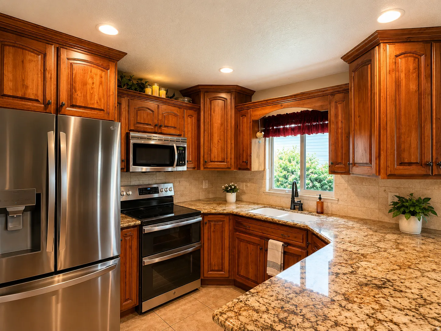 Kitchen featuring wood cabinetry, stainless steel appliances, a double oven range, granite countertops, and recessed lighting