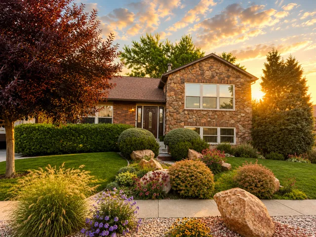 Stone and brick facade residence with a dark brown entry door