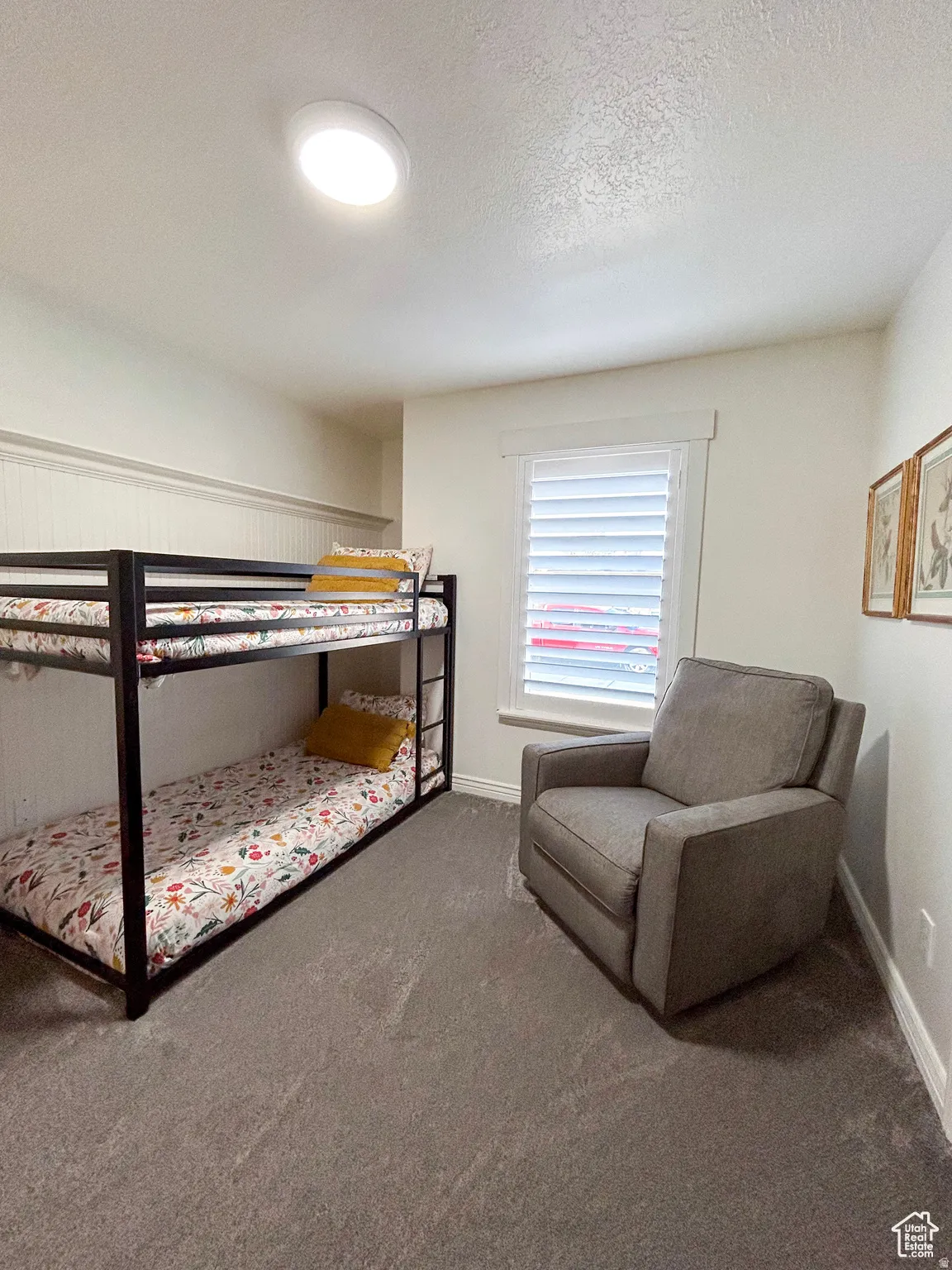 Carpeted room featuring a window with plantation shutters, wainscoting, and a ceiling-mounted light fixture