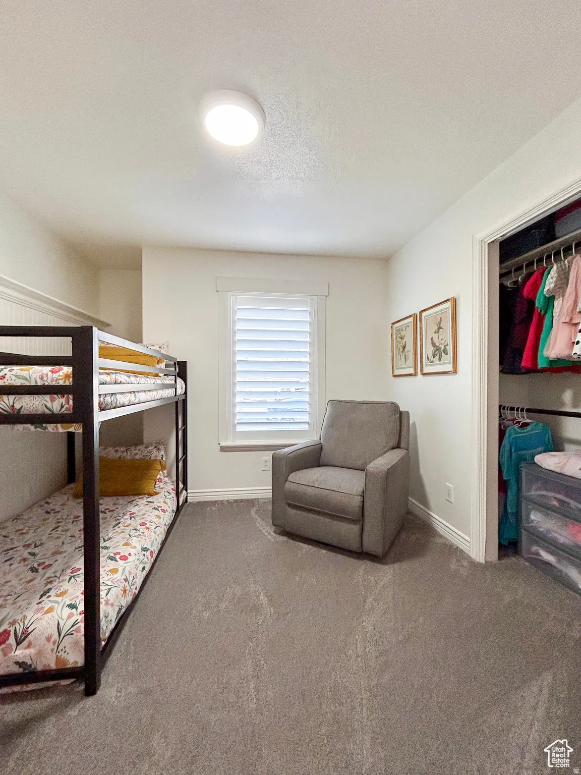 Neutral-toned carpeting featuring a built-in closet with shelving and hanging rods
