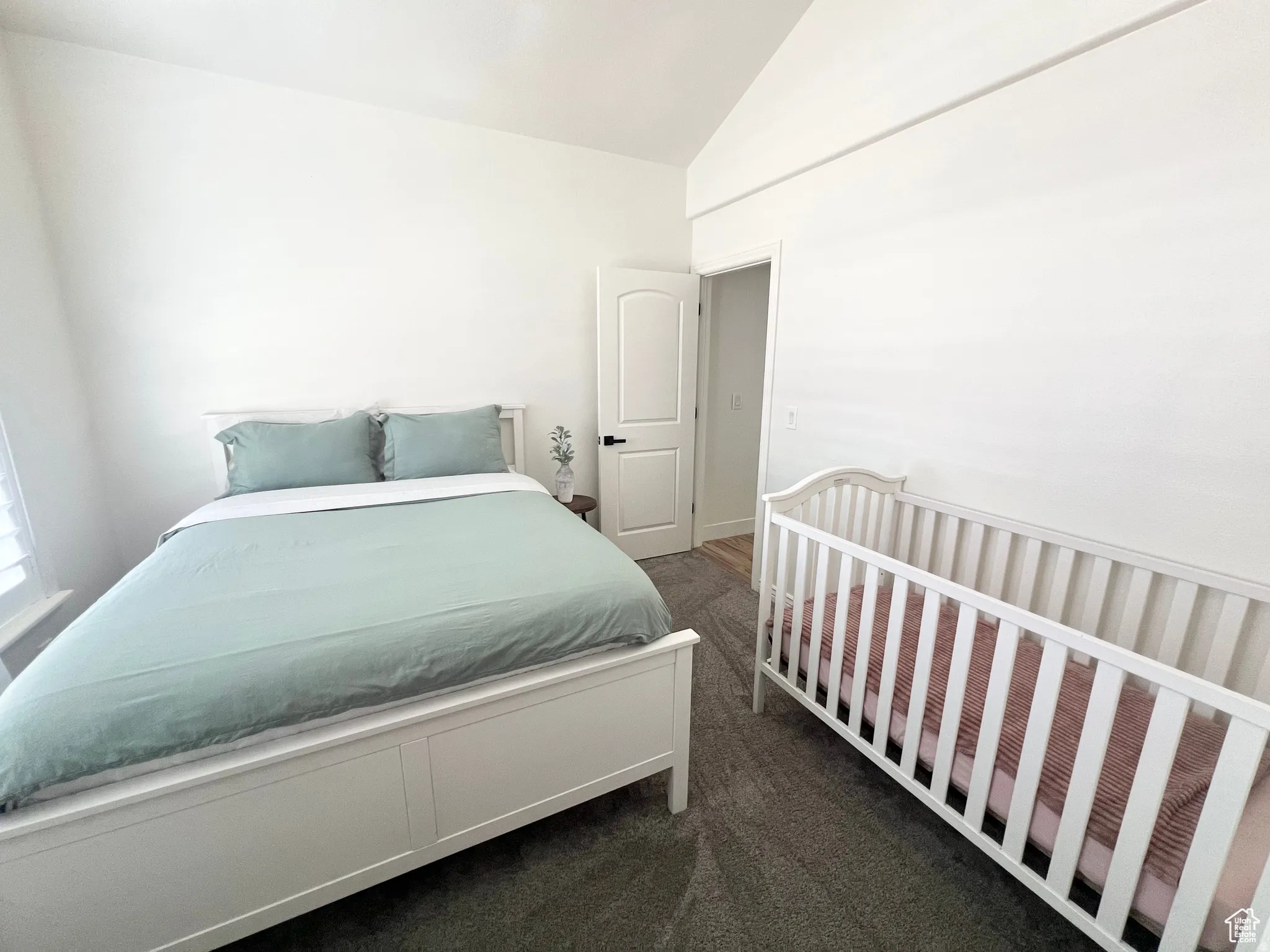 Bright bedroom featuring light-colored walls and plush carpeting