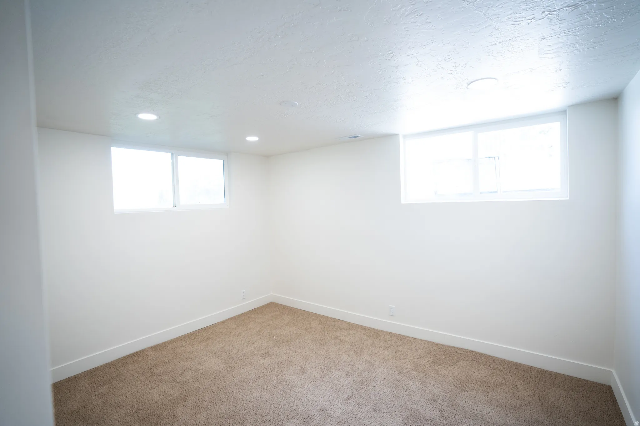 Spacious room featuring neutral carpeting, white baseboards, and two windows