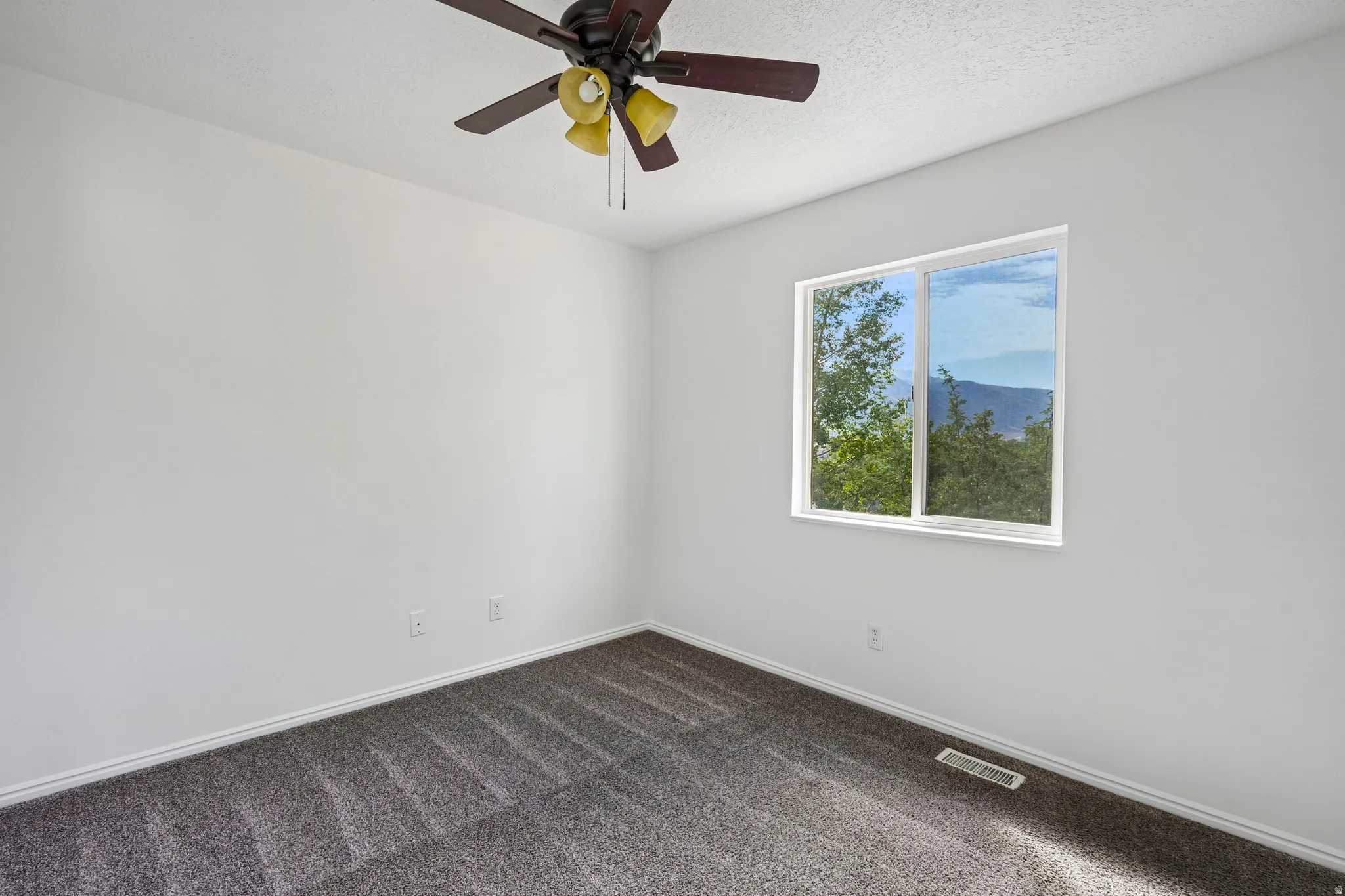 Bright room featuring a window with mountain and tree scenery
