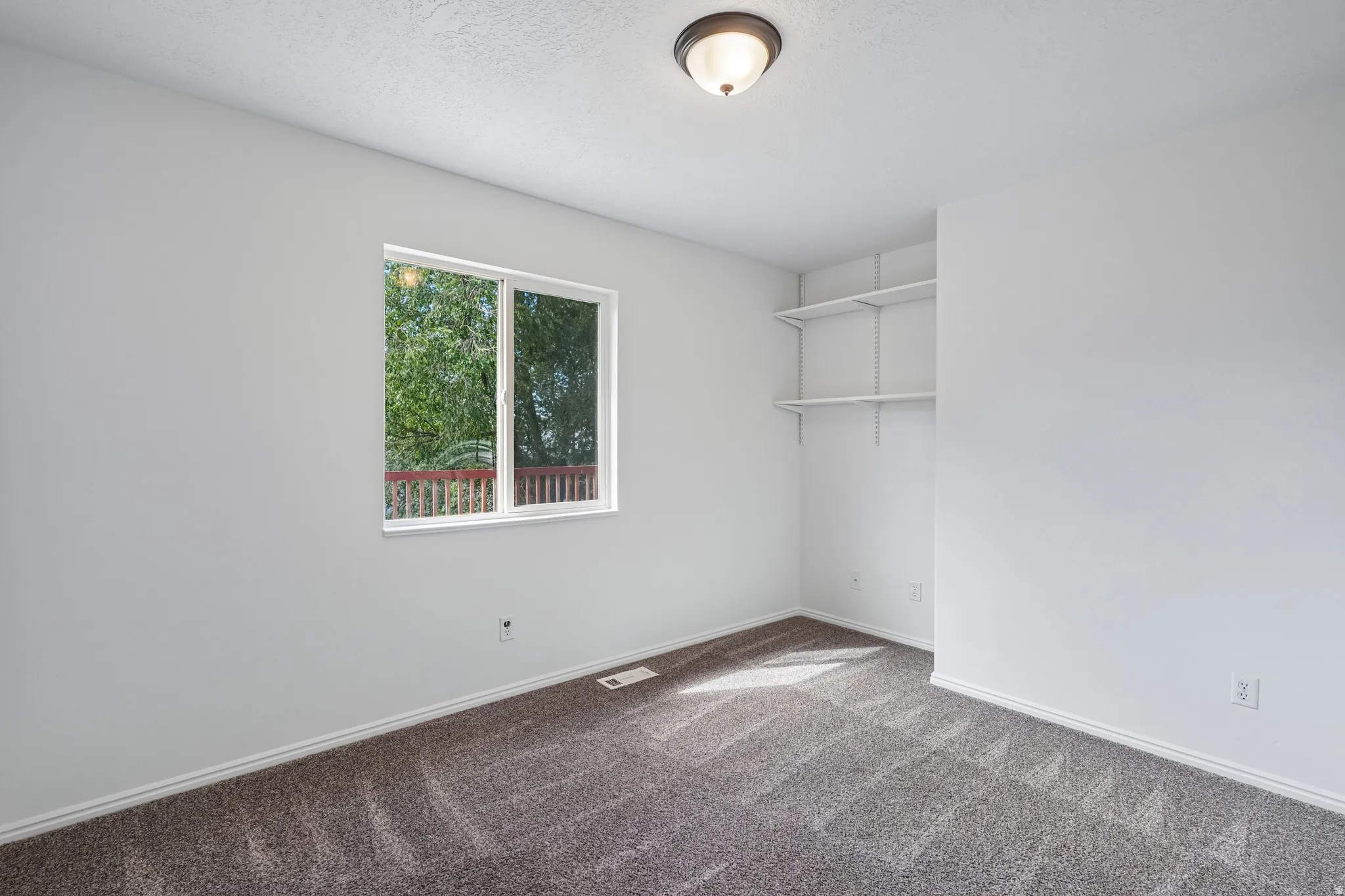 White walls and trim with neutral carpet