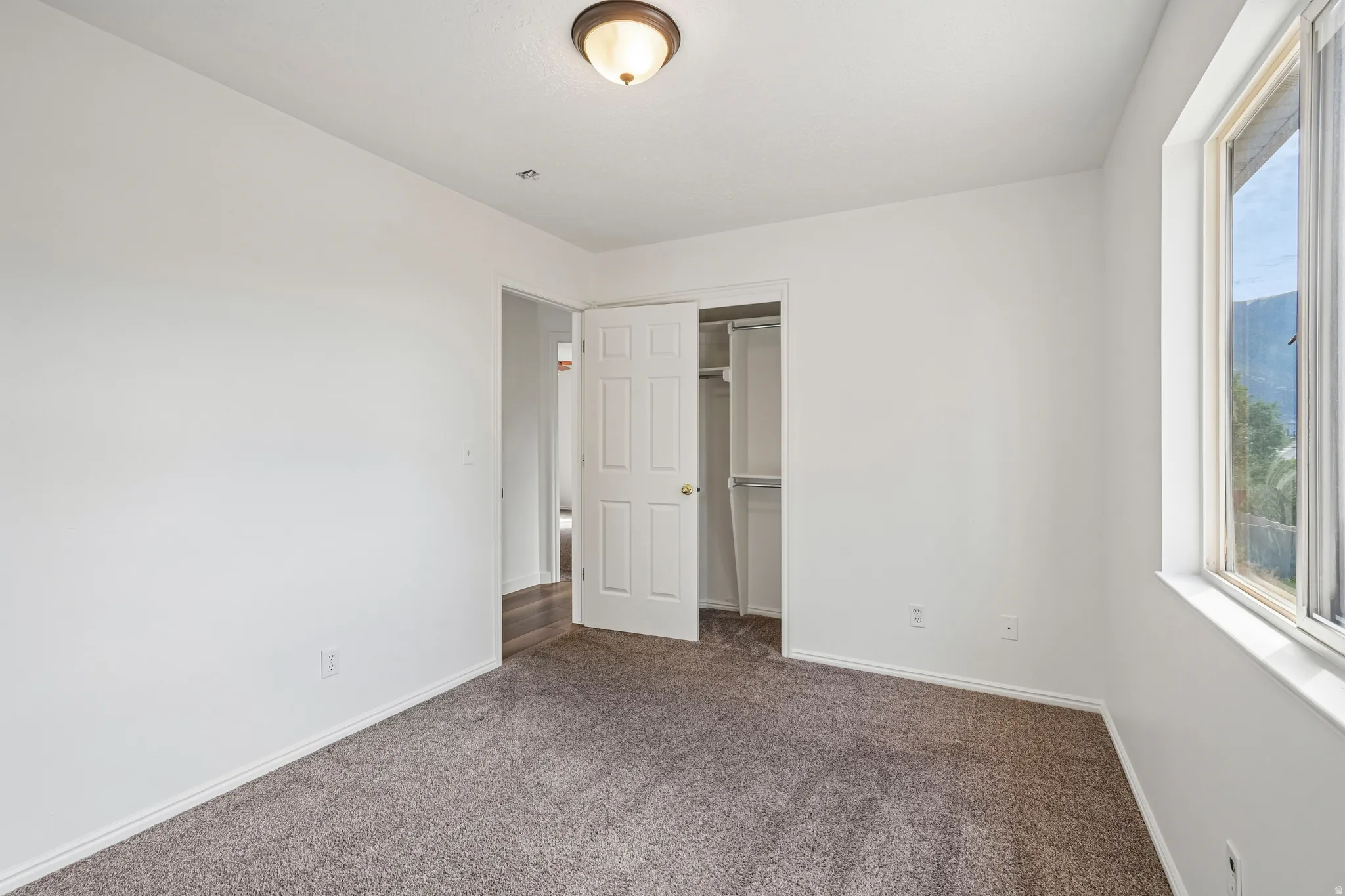 Carpeted interior room featuring white walls, a single window, an open doorway, a closet with bifold doors, and a ceiling-mounted light fixture