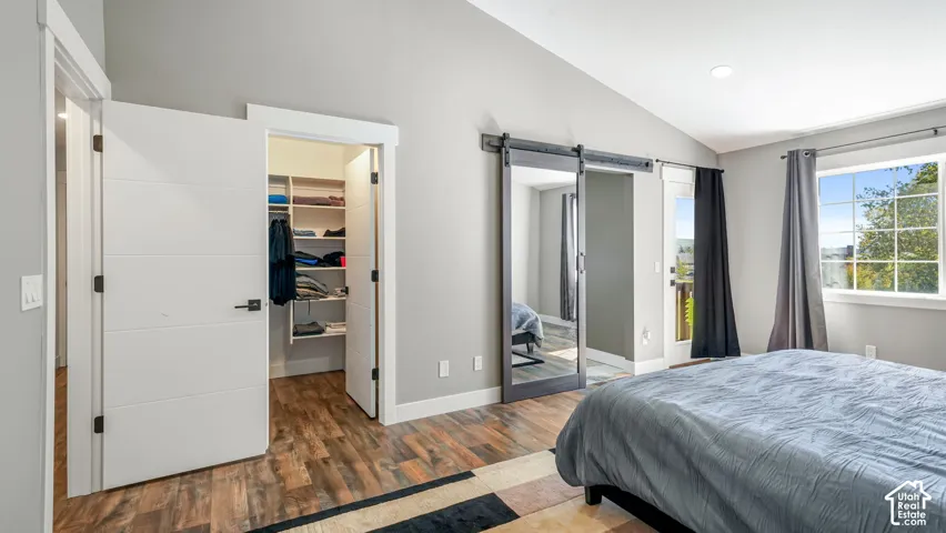 Maser with wood-finish flooring, built-in closet shelving, window with natural light, and a mirrored barn door