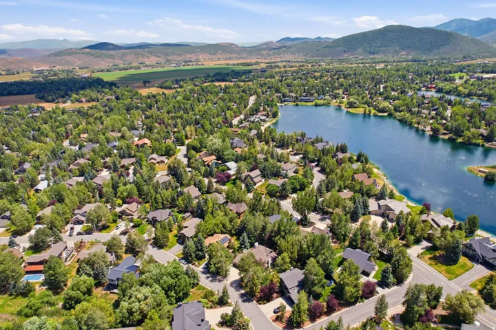 Aerial perspective showcasing a residential community with abundant mature trees and a substantial lake